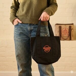 Trader Joe's Mini Tote Bag Trick or Treat Canvas Black Orange Logo NWT